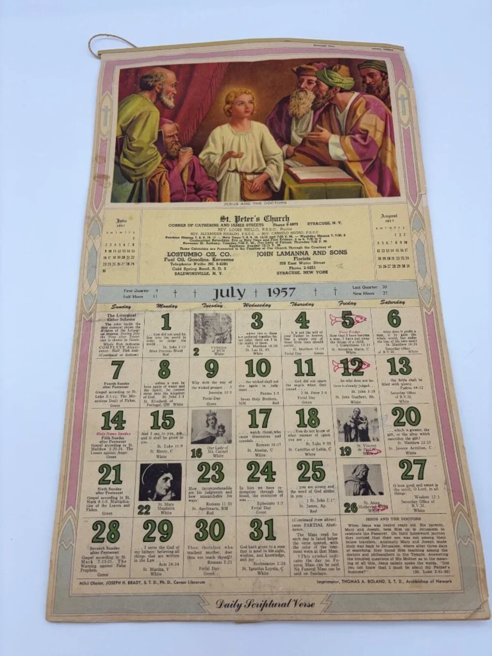 1957 Daily Scriptural Verse Calendar St Peters Church Syracuse NY Catholic Jesus